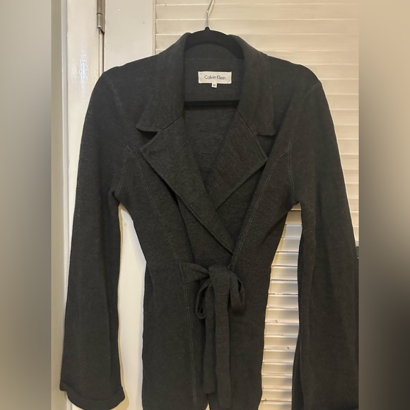 Calvin Klein Charcoal Gray Elevated Belted Wool Cardigan and Skirt set - Picture 2 of 8